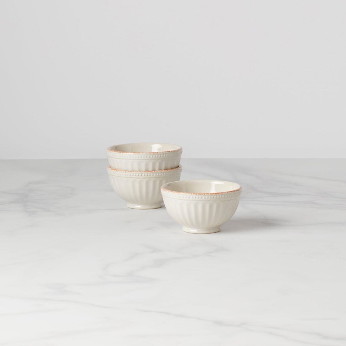 Grooved White Stoneware Mini Bowl Set, 3-Piece